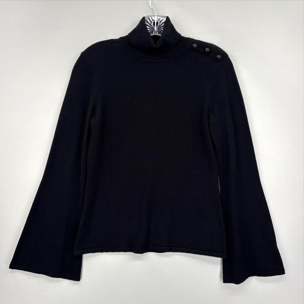 L'AGENCE Sweater Womens Small Black Knit Turtleneck Bell Sleeve Button Shoulder
